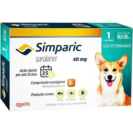 Zoetis Antipulgas Simparic 40 mg para Cães 10,1 a 20 Kg / 1 COMPRIMIDO