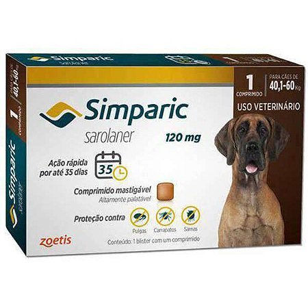 Zoetis Antipulgas Simparic 120 mg para Cães 40,1 á 60 Kg / 1 COMPRIMIDO