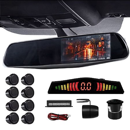 Retrovisor Com Câmera De Ré E Sensor 8 Pontos Frontal E Traseiro Preto