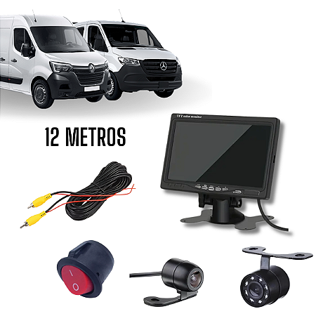Monitor Lcd 7" Câmera Traseira Cabo 12m Câmera Dianteira Infravermelho Botão Liga E Desliga