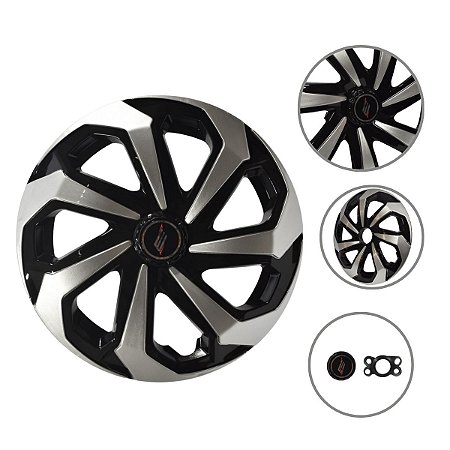 Kit 4 Calotas Esportivas Spider Aro 15 Black Silver Para Rodas Com Sistema De Furação 4 E 5