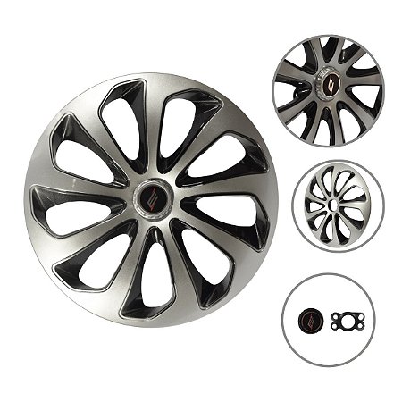 Kit 4 Calotas Esportivas Velox Aro 15 Silver Black Fixação Universal Para Rodas 4 E 5 Furos