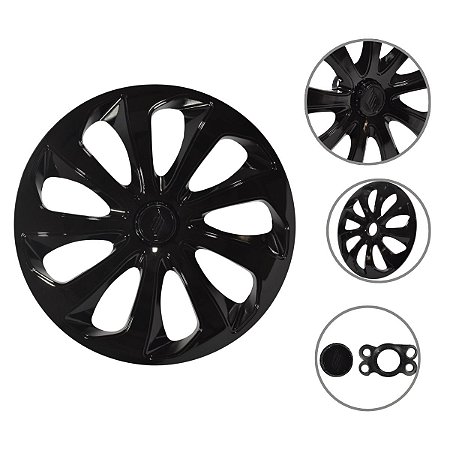 Kit 4 Calotas Esportivas Velox Aro 15 Preta Fixação Universal Para Rodas 4 E 5 Furos