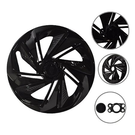 Kit 4 Calotas Esportivas Nitro Aro 14 Preta Fixação Universal Para Rodas 4 E 5 Furos
