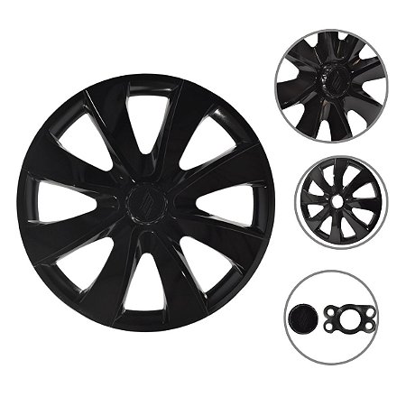 Kit 4 Calotas Esportivas Prime Aro 14 Preta Fixação Universal Para Rodas 4 E 5 Furos