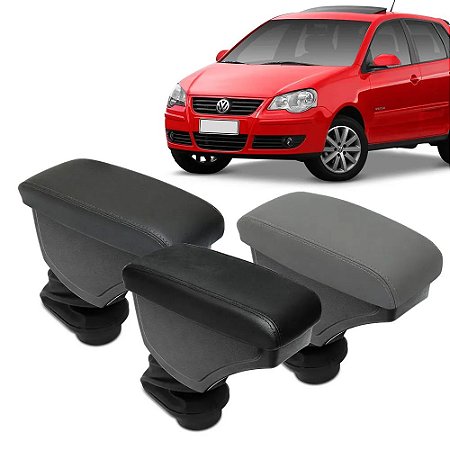 Encosto Descanso de Braço Apoio Polo Hatch Sedan 2002 2003 2004 2005 2006 2007 2008 2009 2010 2011 2012 2013 2014 Encaixe Porta Copos - Couro Preto Cinza e  Grafite