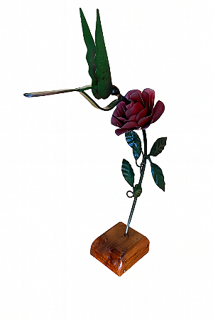 Escultura Beija-flor e Rosa em Ferro (38x15x15cm)