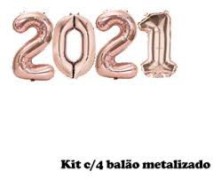 Kit Com 4 Balões Metalizados 2021 Cor Rose 40cm