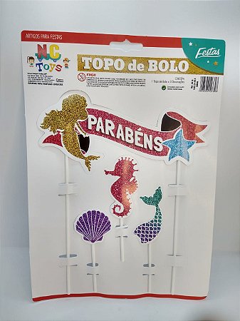 Topo De Bolo Nc Toys Sereia - Parabéns Composto por 1 Topo Principal 24cm + Decorações Menores 10cm R.9618
