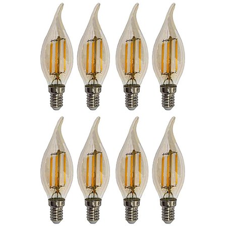 Kit 8 Lâmpadas Filamento Led Vela Bico Torto Âmbar 4W E14 2700K Bivolt