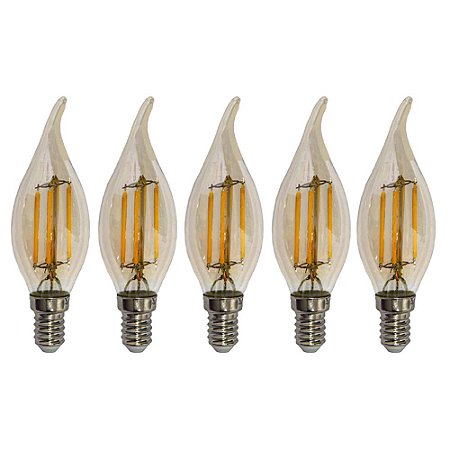 Kit 5 Lâmpadas Filamento Led Vela Bico Torto Âmbar 4W E14 2700K Bivolt