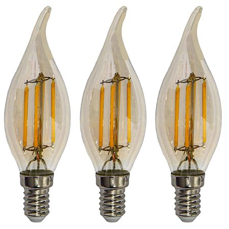 Kit 3 Lâmpadas Filamento Led Vela Bico Torto Âmbar 4W E14 2700K Bivolt