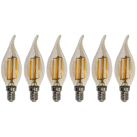 Kit 6 Lâmpadas Filamento Led Vela Bico Torto Âmbar 4W E14 2700K Bivolt