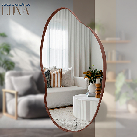 Espelho Orgânico Luna 70x50cm Moldura Couro Ecológico Decorativo Banheiro Sala