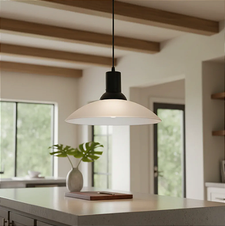 Lustre Sala Pendente Cozinha Chapéu em Vidro Ice Preto 30 cm Design Moderno Altura Ajustável