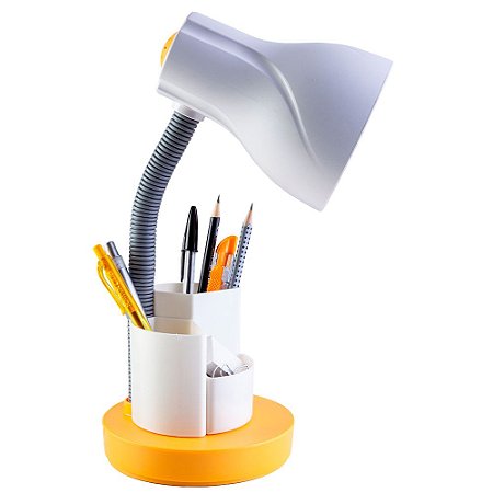 Luminária de Mesa Estudo Escritório Home Office com Porta Lápis Caneta Amarela