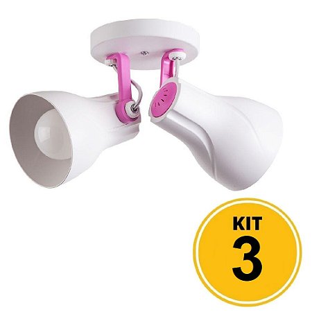 Kit 3 Spot de Sobrepor Direcionável Duplo Octa Plus 2xE27 - Branco/Rosa