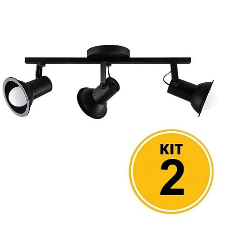 Kit 2 Spot Sobrepor Trilho Direcionável Octa Cupps Preto 3xE27 Bivolt - Design Moderno Quarto/Sala