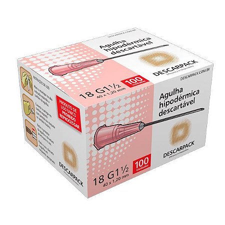 Agulha Hipodérmica Descartável 18G 1 1/2 40x1,20mm com 100un - Descarpack