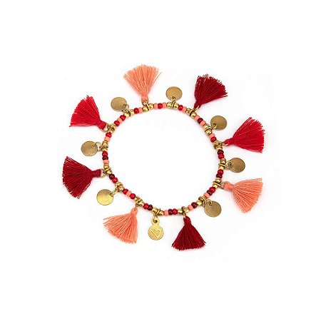 Pulseira  miçangas tassel e medalhinhas vermelha