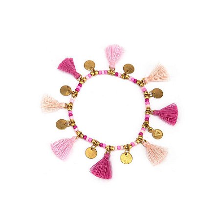 Pulseira  miçangas tassel e medalhinhas rosa