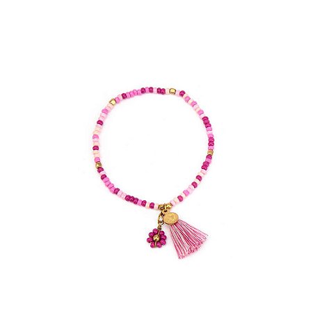 Pulseira flor de miçagas e tassel rosa