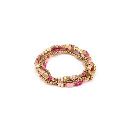 Pulseira 4 fios miçangas rosa e dourado
