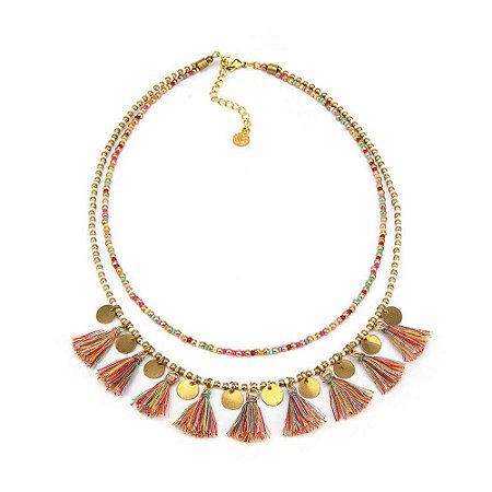 Colar duplo tassel e miçangas colorido