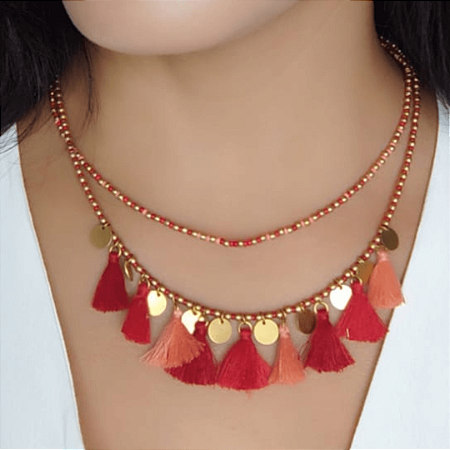 Colar duplo miçangas etassel vermelho