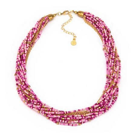 Colar correntes douradas e miçangas rosas