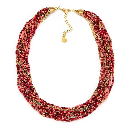 Colar correntes douradas e miçangas  vermelho