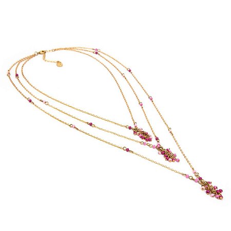Colar dourado triplo miçangas rosa
