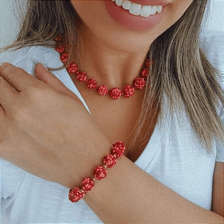 Conjunto colar + pulseira bola vermelha Vestopazzo
