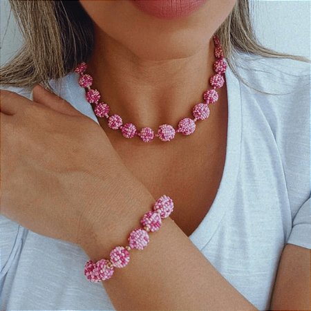 Conjunto colar + pulseira bola rosa Vestopazzo