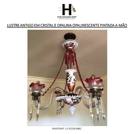 LUSTRE ANTIGO DE OPALINA ROSADA OPALINESCENTE PINTADA A MÃO E CRISTAL