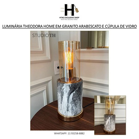 LUMINÁRIA THEODORA HOME BASE DE GRANITO ARABESCATO E CÚPULA EM VIDRO ÂMBAR COM LÂMPADA RETRÔ FILAMENTO CARBONO