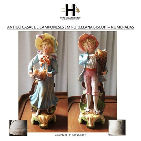 ANTIGO CASAL DE CAMPONESES EM PORCELANA EUROPÉIA BISCUIT – SEC. XIX - NUMERADAS