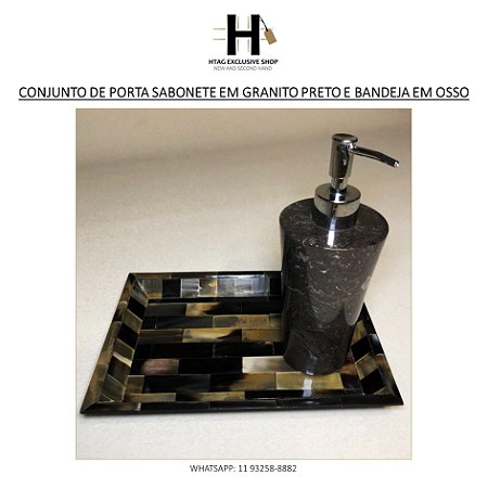 CONJUNTO BALINÊS DE PORTA SABONETE LIQUIDO EM GRANITO ONIX E BANDEJA EM OSSO MARFIM  PRETO E OFF WHITE - NOVO