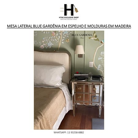 MESA LATERAL BLUE GARDENIA EM ESPELHO E MADEIRA SILVER ENVELHECIDO