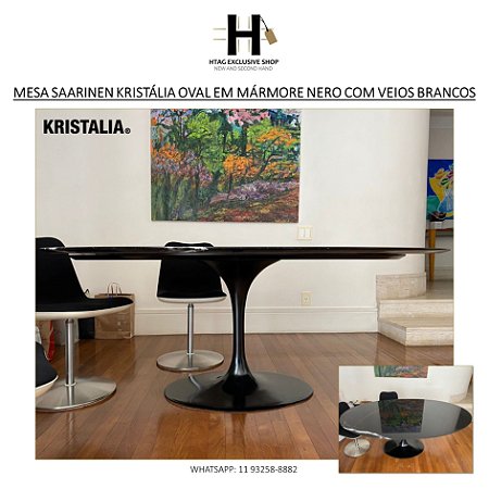 MESA SAARINEN KRISTALIA OVAL EM MÁRMORE NERO MARQUINA COM VEIOS BRANCOS - 1,98M (C)