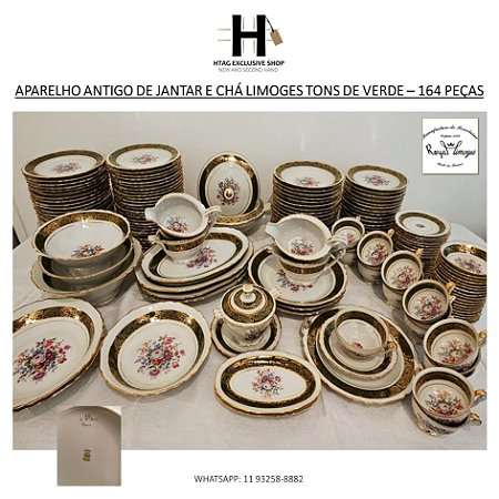 APARELHO ANTIGO COMPLETO DE JANTAR E CHÁ EM PORCELANA LIMOGES TONS DE VERDE – 164 PEÇAS