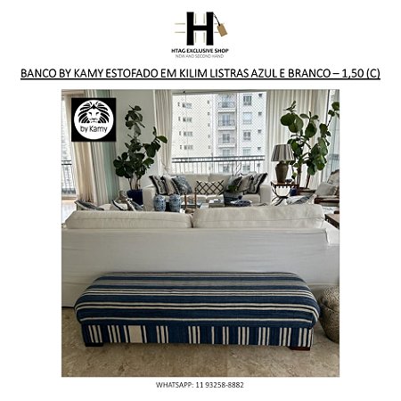 BANCO BY KAMY ESTOFADO COM KILIM LISTRADO AZUL E BRANCO – 1,60M