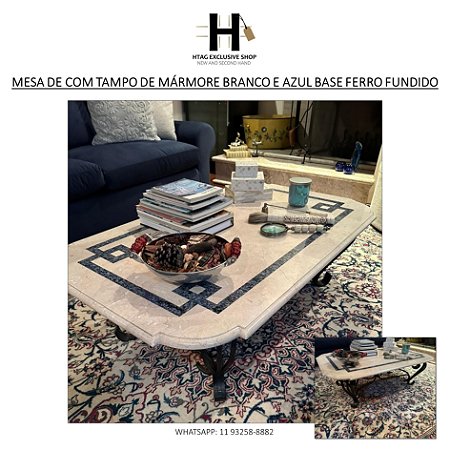 MESA DE CENTRO COM TAMPO DE MÁRMORE BRANCO E AZUL BASE FERRO FUNDIDO