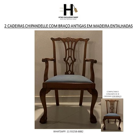 CADEIRAS ANTIGAS COM BRAÇO ENTALHADA MODELO CHIPANDELLE COM ASSENTO AZUL – 2 UNIDADES