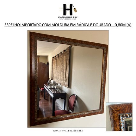ESPELHO QUADRADO IMPORTADO COM MOLDURA EM RADICA E DETALHES DOURADO