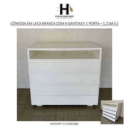 CÔMODA EM LACA BRANCA COM 4 GAVETAS E 1 PORTA – 1,21M (L)
