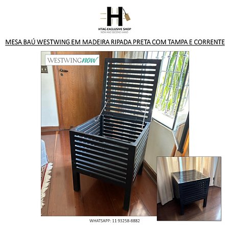 MESA BAÚ WESTWING EM MADEIRA RIPADA PRETA COM TAMPA E CORRENTE