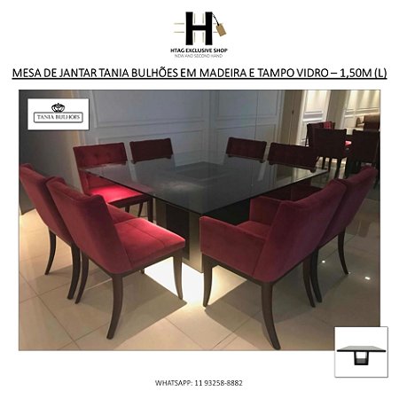 MESA DE JANTAR QUADRADA TANIA BULHÕES EM MADEIRA E TAMPO VIDRO – 1,50M (L)