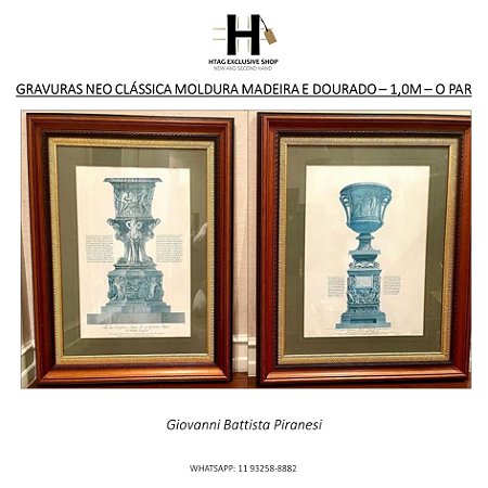 GRAVURAS IMPRESSÃO NEO CLÁSSICA AZUL COM MOLDURA MADEIRA E DOURADO – 1,0 M (A) – O PAR