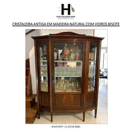 CRISTALEIRA ANTIGA EM MADEIRA NATURAL COM VIDROS BISOTÊ